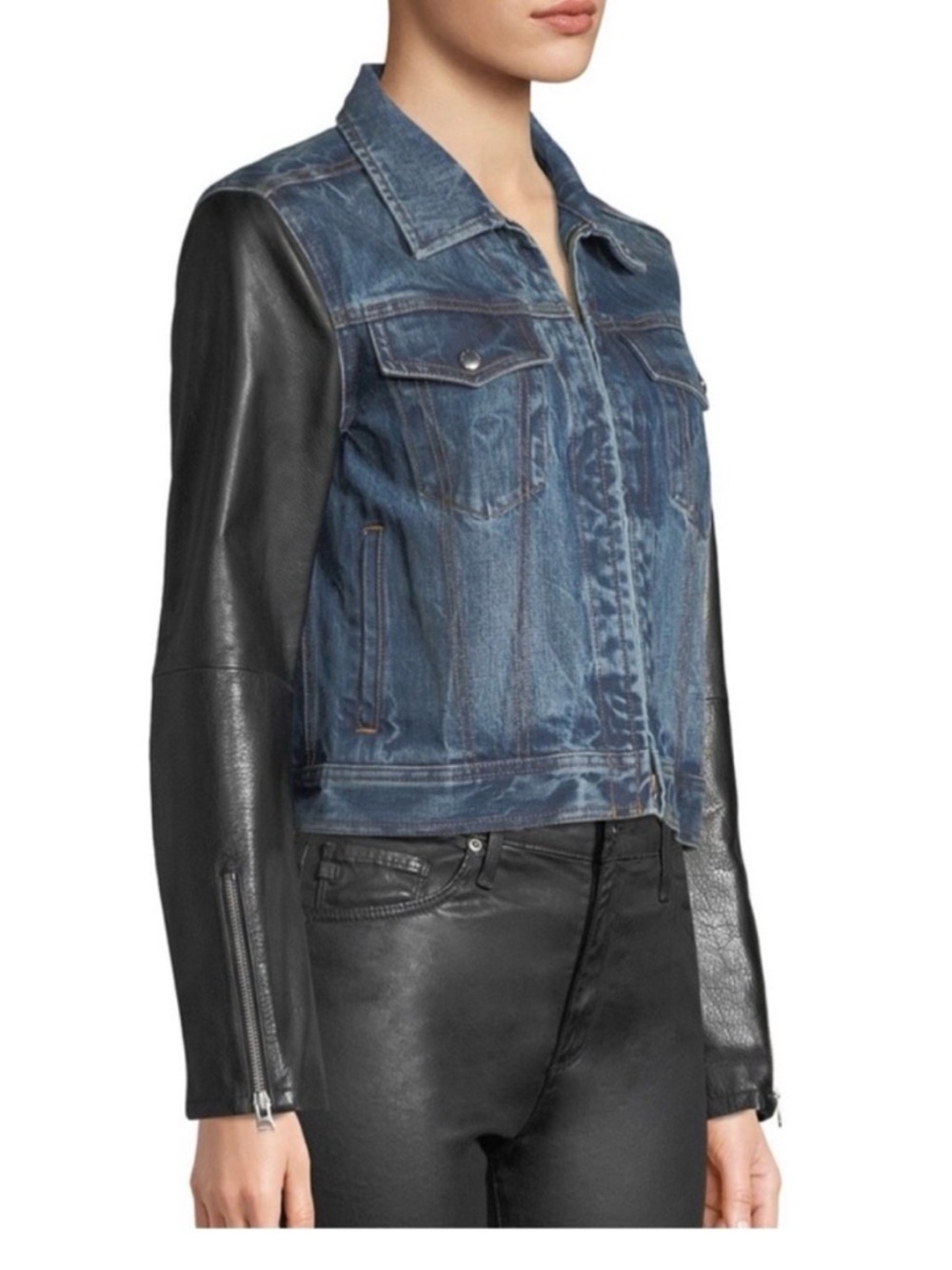 Rag & Bone Denim Jacket with Black  Leather Sleeves
